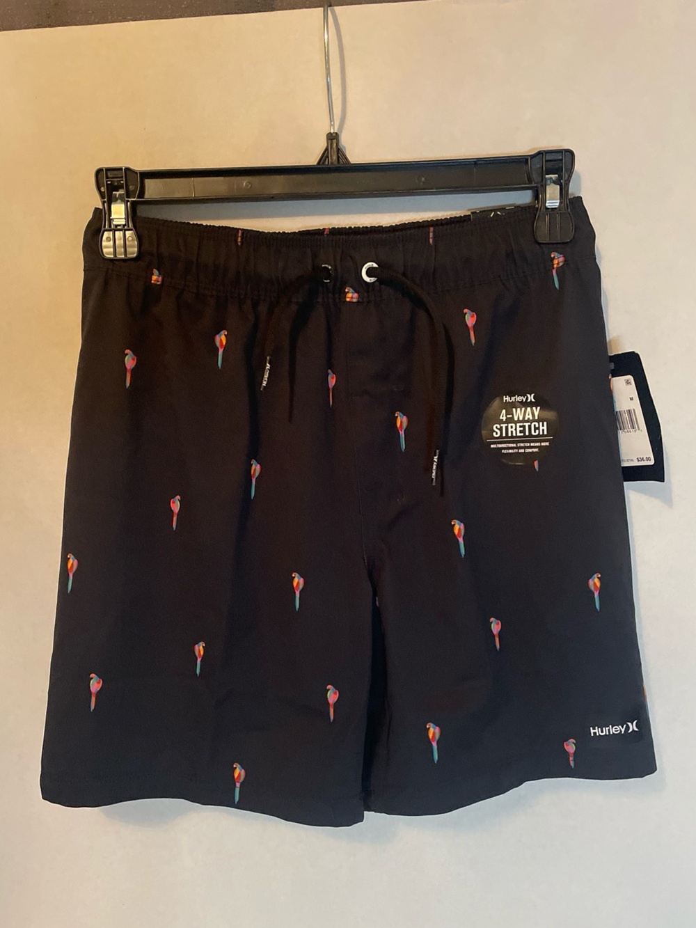 Hurley Boys Pull On Swim Trunks. Drawstring. Black With Colorful Parrot Lined. M